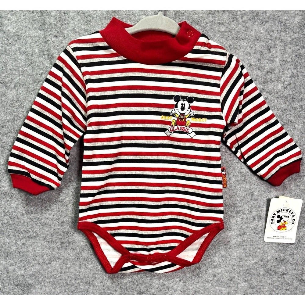 Vintage 1990s Disney Baby Mickey & CO 3/6m Striped Embroidered Bodysuit - NWT